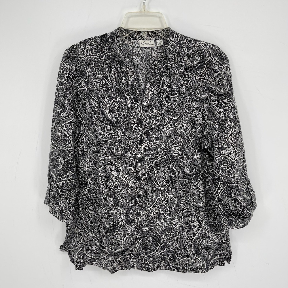 Kim Rogers Women's Black Paisley Linen Roll Tab Sleeve Button Front Top Size L